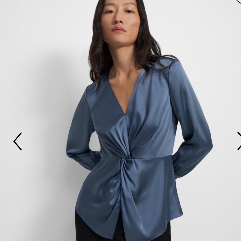 Theory Satin Blue Twist Front Blouse